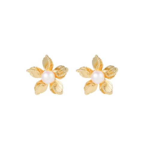 Pendientes de Perno en Latón, metal, con Perlas de plástico ABS, chapado en color dorado, Joyería, dorado, libre de níquel, plomo & cadmio, 30x30mm, Vendido por Par