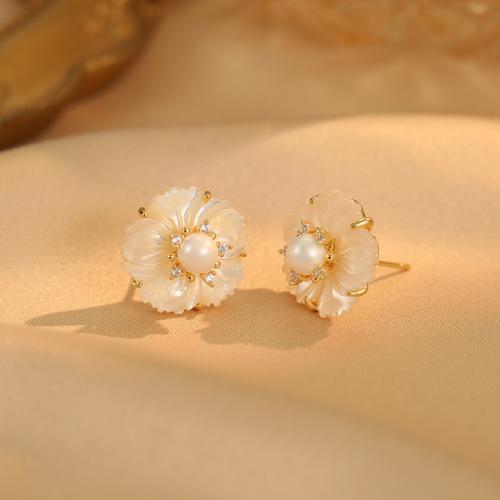 Brass Stud Earring, with ABS Plastic Pearl & Shell, Flower, gold color plated, fashion jewelry & with rhinestone, white, nickel, lead & cadmium free, 16x16mm, Sold By Pair