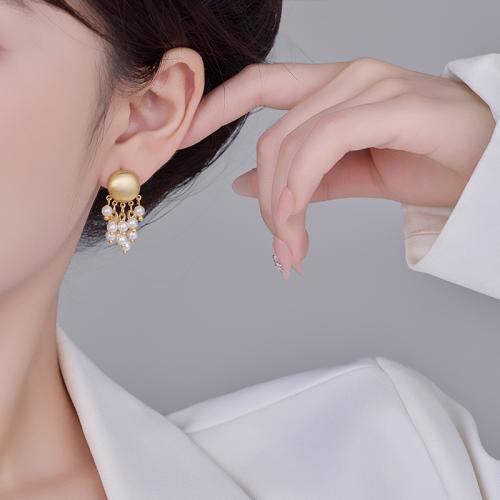 Brass Drop Earring, with ABS Plastic Pearl, gold color plated, fashion jewelry, golden, nickel, lead & cadmium free, 16x31mm, Sold By Pair