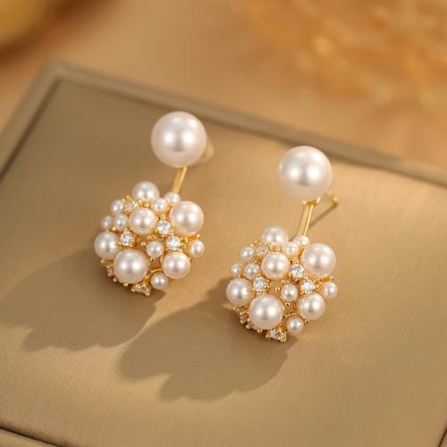 Cubic Zirconia Micro Pave Brass Earring, with ABS Plastic Pearl, gold color plated, fashion jewelry & micro pave cubic zirconia, golden, nickel, lead & cadmium free, 16x29mm, Sold By Pair