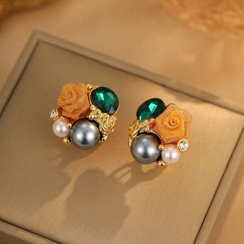 Brass Stud Earring, with ABS Plastic Pearl & Crystal, plated, fashion jewelry, mixed colors, nickel, lead & cadmium free, 22x23mm, Sold By Pair