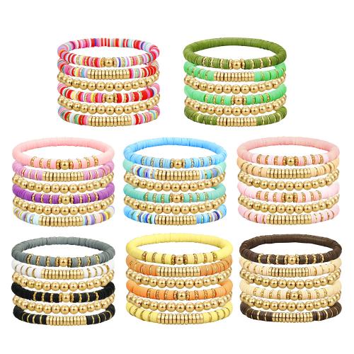 Bijoux bracelets de mode, argile de polymère, avec fil élastique & plastique revêtu de cuivre, fait à la main, 6 pièces & bijoux de mode & pour femme, plus de couleurs à choisir, Vendu par fixé