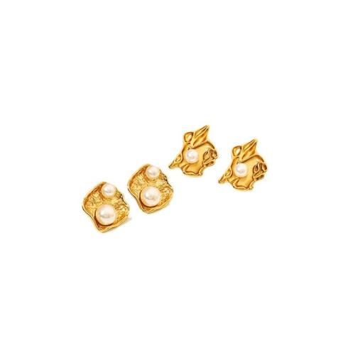 Pendientes de Acero Inoxidable, acero inoxidable 304, con Perlas plásticas, 18K chapado en oro, Joyería & diferentes estilos para la opción & para mujer, Vendido por Par