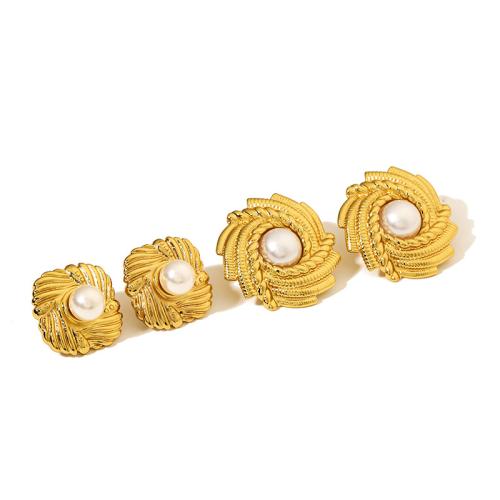 Pendientes de Acero Inoxidable, acero inoxidable 304, con Perlas plásticas, 18K chapado en oro, Joyería & diferentes estilos para la opción & para mujer, Vendido por Par