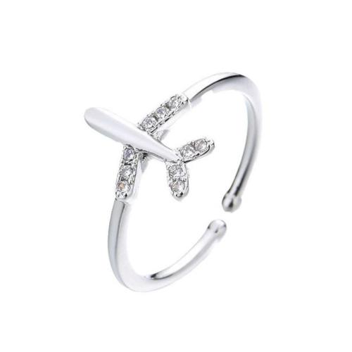 Cubic Zirconia Micro Pave Brass Ring, Airplane, plated, micro pave cubic zirconia & for woman, platinum color, Sold By PC