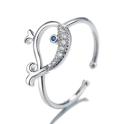 Cubic Zirconia Micro Pave Brass Ring, Whale, plated, micro pave cubic zirconia & for woman, platinum color, Sold By PC