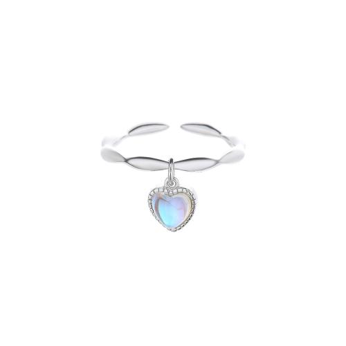 Brass Finger Ring, with Moonstone, Heart, plated, for woman, platinum color, Sold By PC