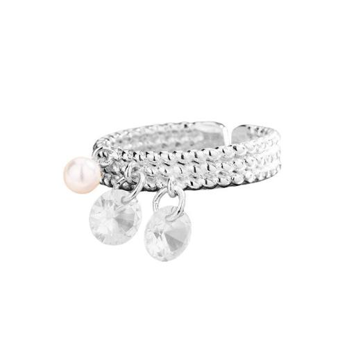 Cubic Zirconia Micro Pave Brass Ring, with Plastic Pearl, plated, micro pave cubic zirconia & for woman, platinum color, Sold By PC