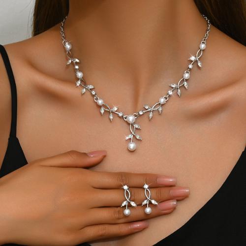 Rhinestone Jewelry Set, with Plastic Pearl & Tibetan Style, plated, 2 pieces & for woman, more colors for choice, Sold By Set