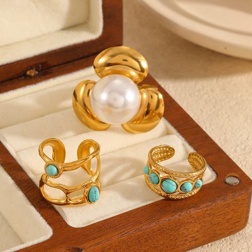 Stainless Steel Finger Ring, 304 Stainless Steel, with turquoise & Plastic Pearl, gold color plated, different styles for choice & for woman, more colors for choice, Sold By PC