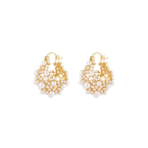 Pendientes de Palanca Hacia Atrás en Latón, metal, con Perlas de plástico ABS, chapado en color dorado, Joyería, dorado, libre de níquel, plomo & cadmio, 23x26mm, Vendido por Par