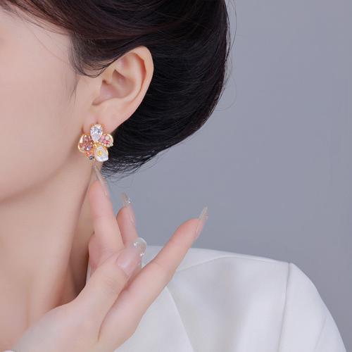 Tibetan Style Stud Earring, with ABS Plastic Pearl, gold color plated, fashion jewelry & micro pave cubic zirconia, golden, nickel, lead & cadmium free, 21x21mm, Sold By Pair