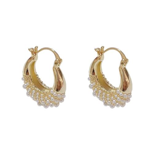 Laiton Leverback boucle d'oreille, avec Plastique ABS perle, Placage de couleur d'or, bijoux de mode, doré, protéger l'environnement, sans nickel, plomb et cadmium, 19.60x23.70mm, Vendu par paire