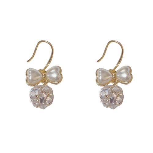 Brass Drop Earring, with ABS Plastic Pearl, gold color plated, fashion jewelry & with rhinestone, golden, nickel, lead & cadmium free, 14.40x30mm, Sold By Pair