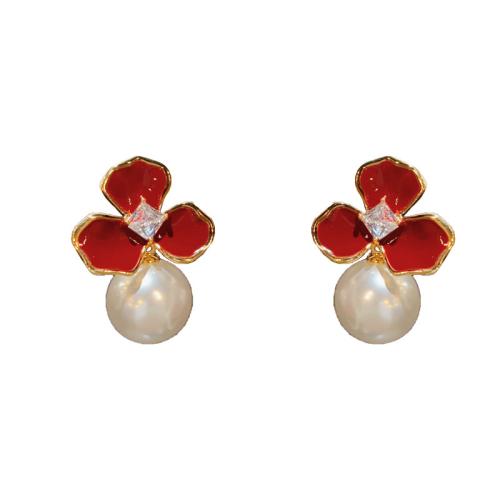 Brass Drop Earring, with ABS Plastic Pearl, gold color plated, fashion jewelry & enamel & with rhinestone, golden, nickel, lead & cadmium free, 18x26mm, Sold By Pair