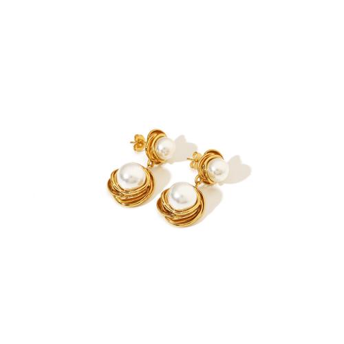 Stainless Steel Stud Earrings, 304 Stainless Steel, with Plastic Pearl, 18K gold plated, fashion jewelry & for woman, Sold By Pair