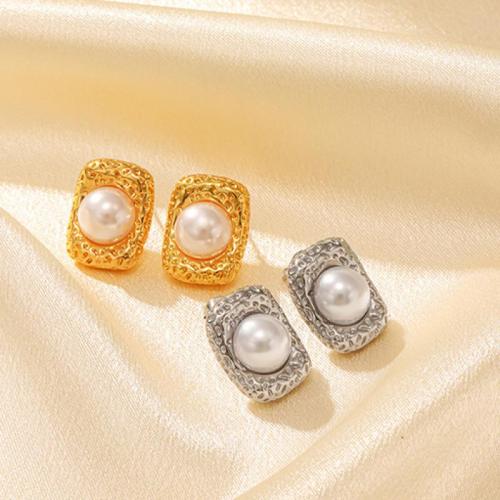 Stainless Steel Stud Earrings, 304 Stainless Steel, with Plastic Pearl, Rectangle, plated, fashion jewelry & for woman, more colors for choice, Sold By Pair