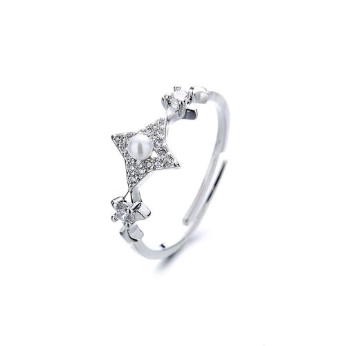 Cúbicos Circonia Micro Pave anillo de latón, metal, con Perlas plásticas, chapado, micro arcilla de zirconia cúbica & para mujer, color de platina, Vendido por UD