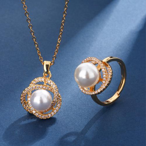 Cubic Zirconia Stainless Steel Jewelry Sets, 304 Stainless Steel, with Plastic Pearl, plated, different styles for choice & micro pave cubic zirconia & for woman, golden, The necklace is about 45cm, Sold By PC