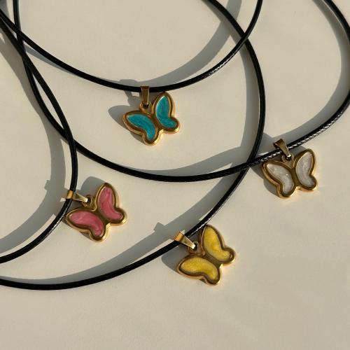 Titanium Steel Necklace, Butterfly, Vacuum Ion Plating, for woman & enamel, more colors for choice, Length:21-50 cm, Sold By PC