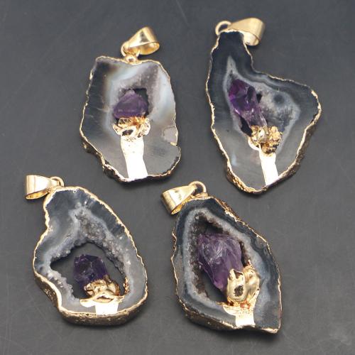 Black Agate Pendants, with Amethyst, irregular, gold color plated, DIY, Size: 40-25u00d725-15u00d715-6mm, Sold By PC