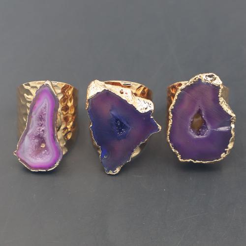 Agate Finger Ring, Brass, with Purple Agate, gold color plated, Adjustable & for woman, purple, nickel, lead & cadmium free, Sold By PC