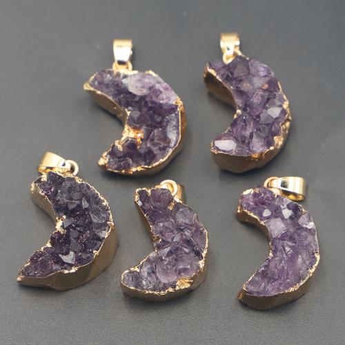 Pendentifs quartz naturel, améthyste, lune, Placage de couleur d'or, DIY, violet, Size: 25-20mmu00d720-15mmu00d715-10mm, Vendu par PC