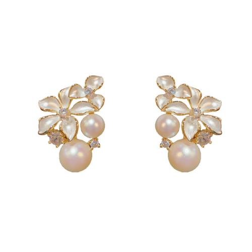 Brass Stud Earring, gold color plated, fashion jewelry & enamel & with rhinestone, golden, nickel, lead & cadmium free, 15.90x21.40mm, Sold By Pair