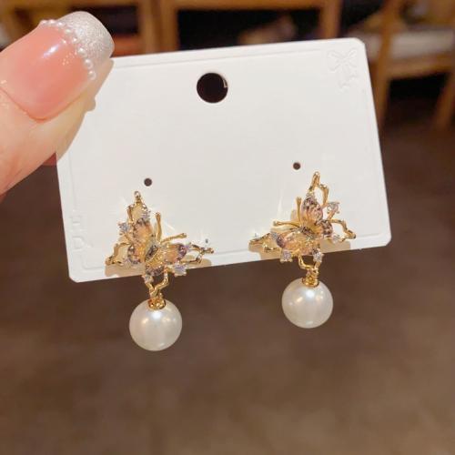 Brass Drop Earring, with ABS Plastic Pearl, gold color plated, fashion jewelry & with rhinestone, golden, nickel, lead & cadmium free, 19.20x30.50mm, Sold By Pair