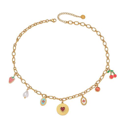 Collier de bijoux en acier inoxydable, Acier inoxydable 304, avec perle de plastique, avec 2.16 Inch chaînes de rallonge, Placage, pour femme & émail & avec strass, doré, Longueur:15.75 pouce, Vendu par PC