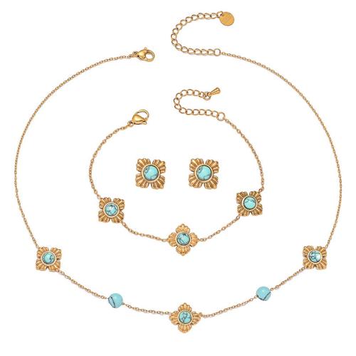 Fashion Stainless Steel Jewelry Sets, 304 Stainless Steel, with turquoise, plated, fashion jewelry & different styles for choice & for woman, golden, Sold By Set