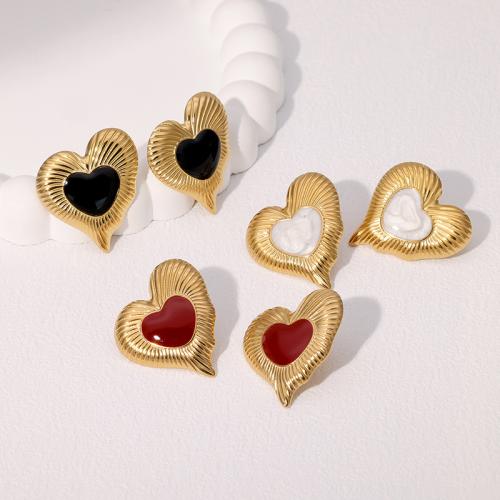 Stainless Steel Stud Earrings, 304 Stainless Steel, Heart, gold color plated, fashion jewelry & for woman & enamel, more colors for choice, Sold By Pair