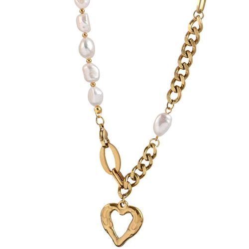 Stainless Steel Jewelry Necklace, 304 Stainless Steel, with Plastic Pearl, plated, fashion jewelry & for woman, golden, Length:41-50 cm, Sold By PC