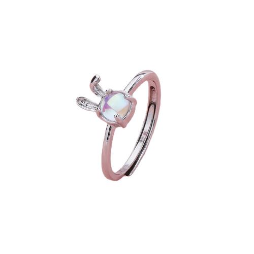 Brass Finger Ring, with Moonstone, Rabbit, plated, for woman, platinum color, Sold By PC