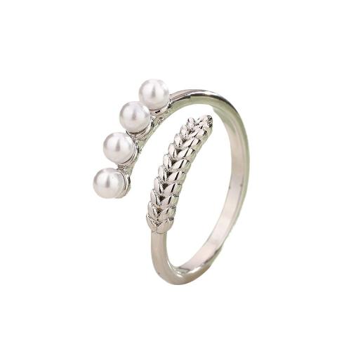 Brass Finger Ring, with Plastic Pearl, plated, for woman, platinum color, Sold By PC