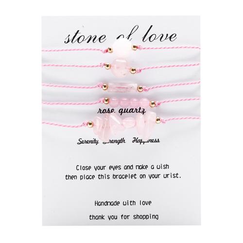 Quartz Bracelets, Wax Cord, with Rose Quartz, handmade, 5 pieces & Adjustable & fashion jewelry & for woman, pink, Sold By Set