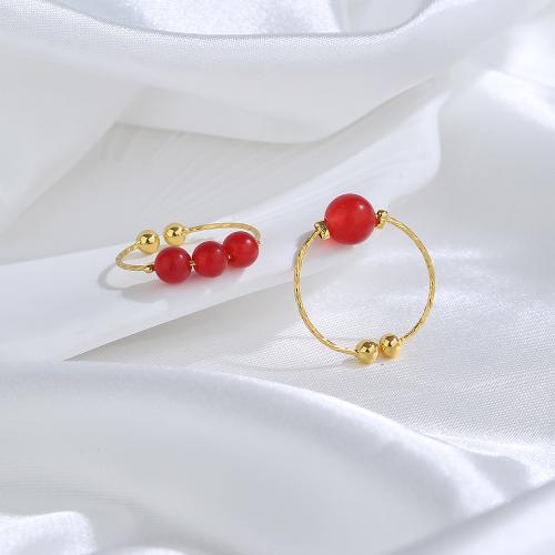 Brass Finger Ring, with Red Agate, plated, for woman, gold, Sold By PC