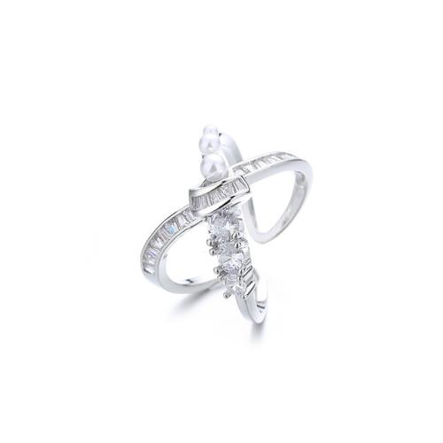 Cúbicos Circonia Micro Pave anillo de latón, metal, con Perlas plásticas, chapado, micro arcilla de zirconia cúbica & para mujer, color de platina, Vendido por UD