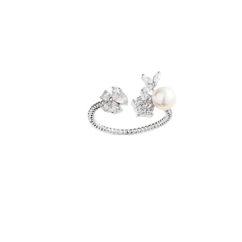 Cubique anneau en laiton Circonia Micro Pave, avec perle de plastique, Placage, pavé de micro zircon & pour femme, couleur platine, Vendu par PC