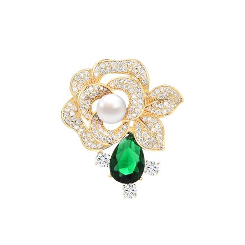 Fashion Brooch Jewelry, Brass, with Freshwater Pearl, plated, micro pave cubic zirconia & for woman, golden, 29x35mm, Sold By PC