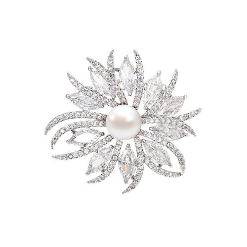 Fashion Brooch Jewelry, Brass, with Freshwater Pearl, plated, micro pave cubic zirconia & for woman, silver color, 42x40mm, Sold By PC