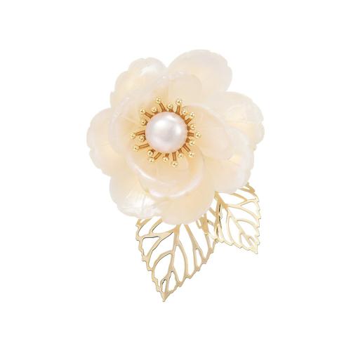 Crystal Brooch, Brass, with Shell & Freshwater Pearl, plated, fashion jewelry & for woman, golden, 45x30mm, Sold By PC