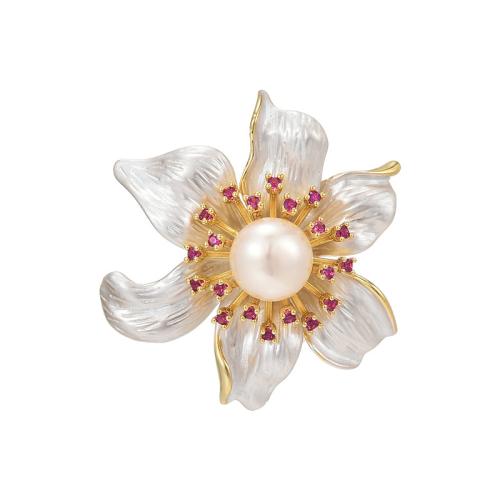 Freshwater Pearl Brooch, Brass, with Freshwater Pearl, plated, micro pave cubic zirconia & for woman & enamel, golden, 36x33mm, Sold By PC