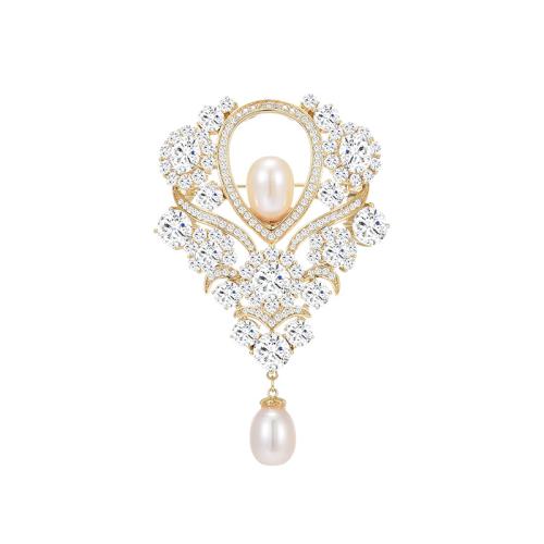 Freshwater Pearl Brooch, Brass, with Freshwater Pearl, plated, micro pave cubic zirconia & for woman, golden, 40x64mm, Sold By PC