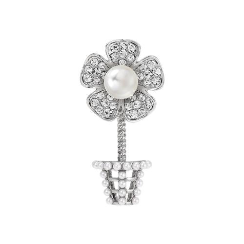 Fashion Brooch Jewelry, Brass, with Shell Pearl, plated, micro pave cubic zirconia & for woman, silver color, 40x19mm, Sold By PC