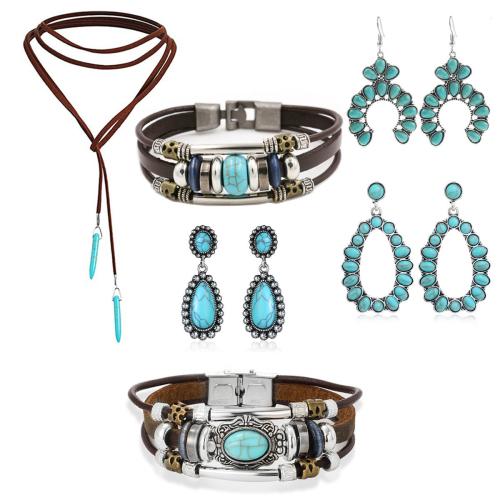 Zinklegierung Mode Schmuckset, mit Türkis & PU Leder, plattiert, Bohemian-Stil & verschiedene Stile für Wahl & für Frau, bracelet length 7-9inch, verkauft von PC