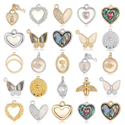 Cubic Zirconia Micro Pave Brass Pendant, with Shell, plated, Different Shape for Choice & DIY & micro pave cubic zirconia, more colors for choice, nickel, lead & cadmium free, 6PCs/Bag, Sold By Bag