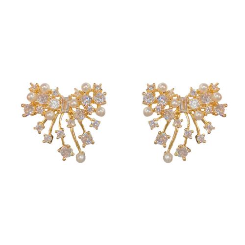 Boucles d'oreilles en laiton zircon cubique pavent, avec Plastique ABS perle, Placage, bijoux de mode & pavé de micro zircon, plus de couleurs à choisir, protéger l'environnement, sans nickel, plomb et cadmium, 22.10x20.50mm, Vendu par paire