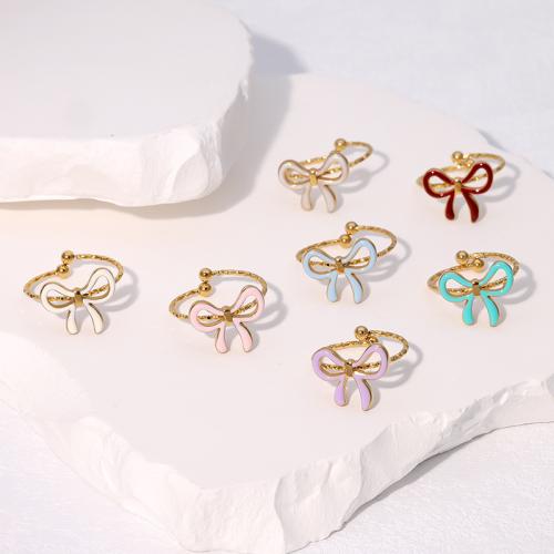 Enamel Stainless Steel Finger Ring, 304 Stainless Steel, Bowknot, gold color plated, for woman & hollow, more colors for choice, Sold By PC