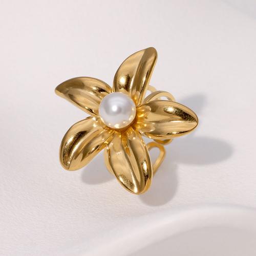 Stainless Steel Finger Ring, 304 Stainless Steel, with Plastic Pearl, Flower, plated, fashion jewelry & for woman & hollow, more colors for choice, Sold By PC